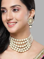 Karatcart Pearl Multilayer Beaded Kundan Choker Necklace Set for Women